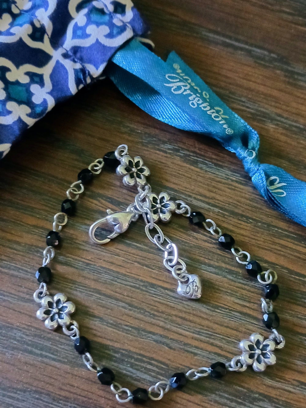 Brighton Black Beaded Flower Bracelet (or Anklet), 10" length